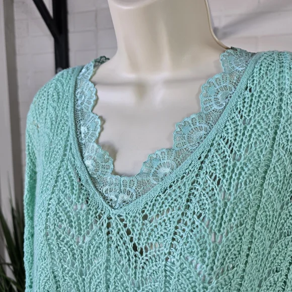 Daytrip Mint Lace V-Neck Crochet Sweater Oversized Medium - Picture 5 of 11
